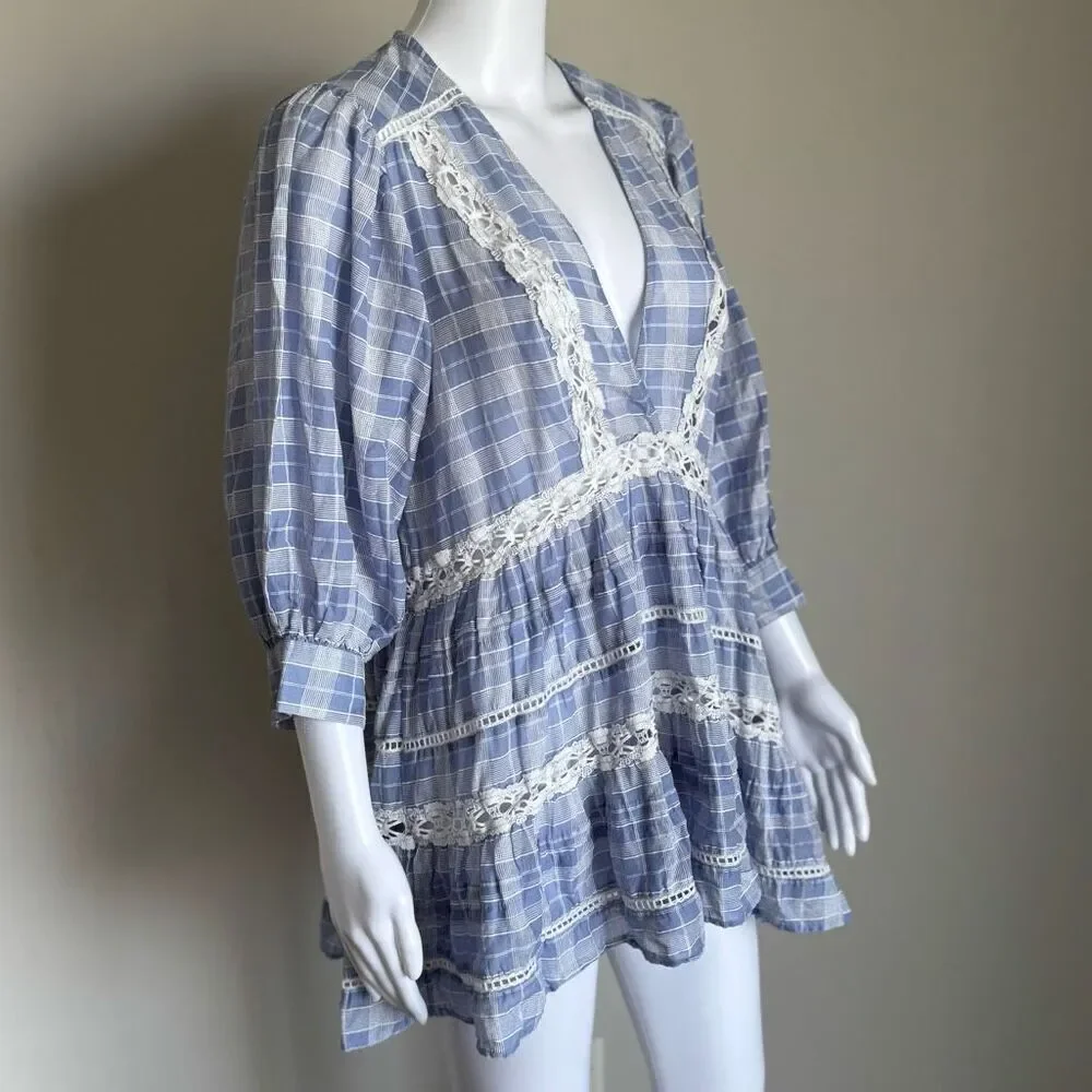 Free People Boho Lace Crotchet Plaid Puff Sleeve Top